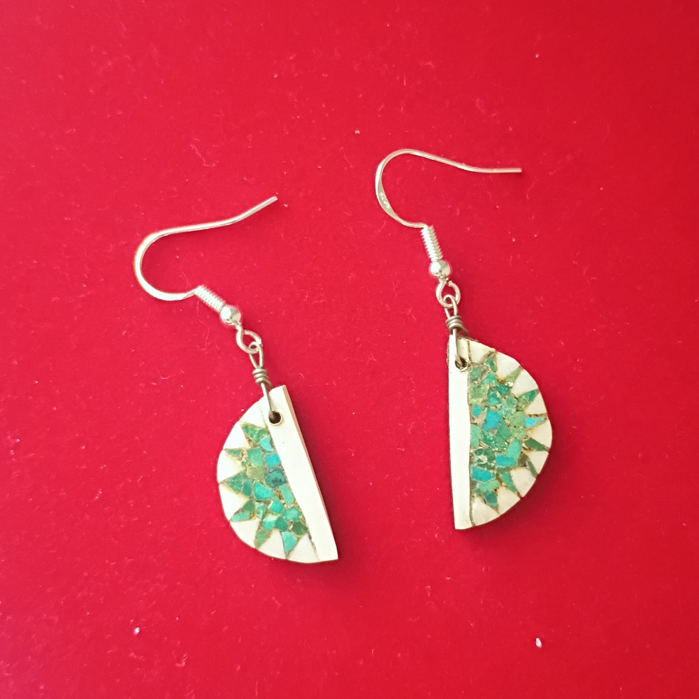 Santo Domingo Pueblo Mosaic Inlay Earrings Turquoise .925 Hooks - Picture 4 of 8